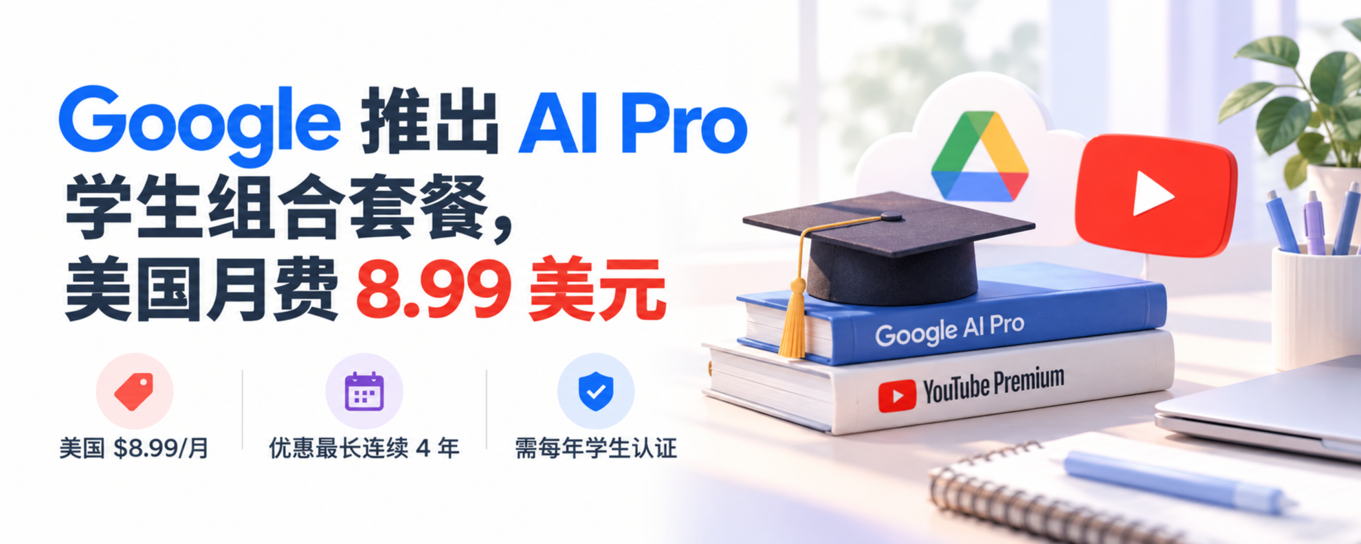 Google AI Pro 与 YouTube Premium 学生组合套餐及年度认证示意