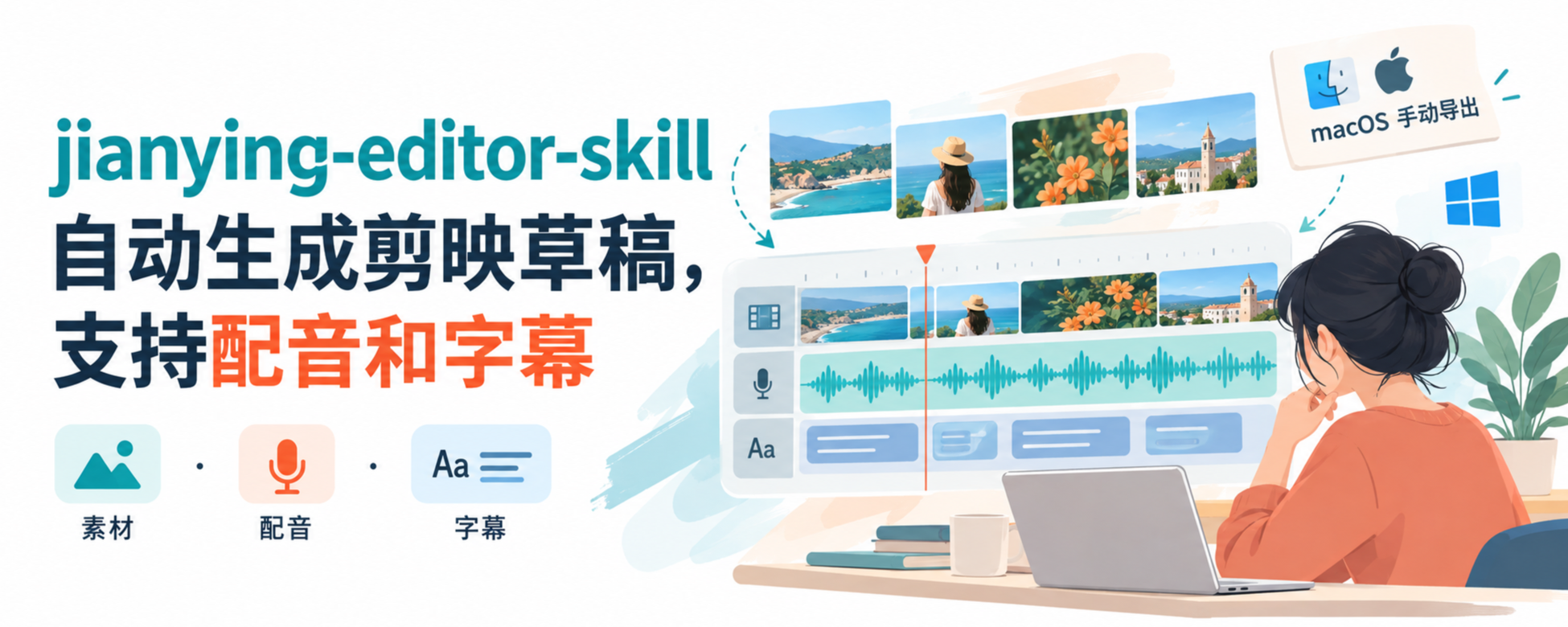 jianying-editor-skill 自动搭建剪映视频、配音与字幕时间轴示意