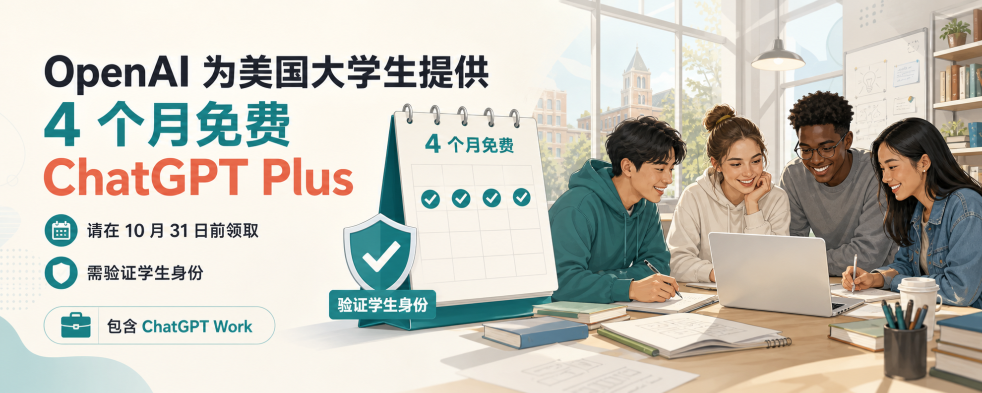 OpenAI 美国大学生 4 个月免费 ChatGPT Plus 优惠