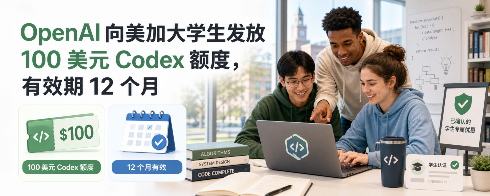 OpenAI 美加大学生 100 美元 Codex 额度封面