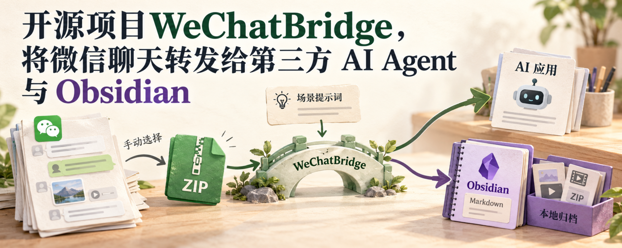 WeChatBridge 将微信聊天转给 AI 并归档到 Obsidian 的流程示意